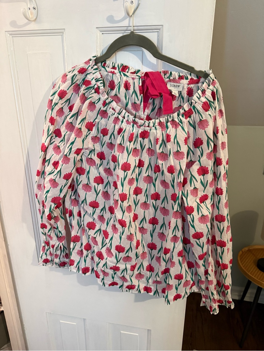 J. Crew White Floral Peasant Blouse with Pink Ribbon